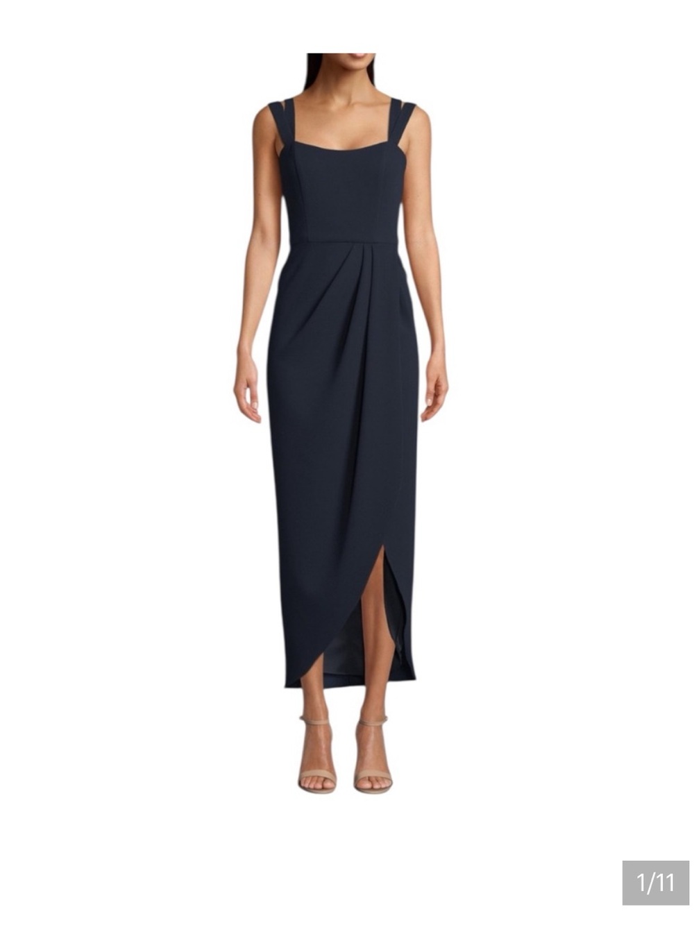 Xscape dress navy blue double strap tulip skirt cocktail midi formal size 4